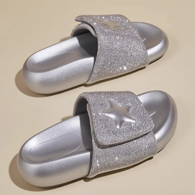 Shoes Woman 2024 Glitter Slides Low Slippers Soft Platform Pantofle Shale Female Beach Jelly Comfort New Summer Sabot Fabric Hoo