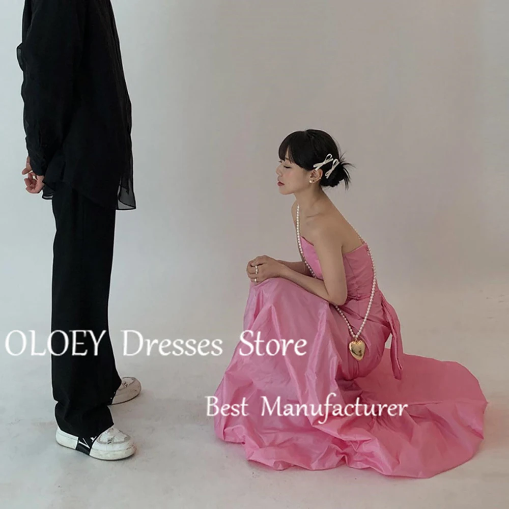 

OLOEY Simple Blush Pink Evening Dresses Wedding Photooshoot Strapless Bow Taffeta Prom Gowns Formal Occasion Dress Party