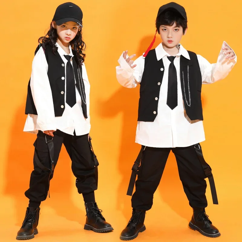 Kid Hip Hop Clothing Oversized Shirt Top Sleeveless Jacket Tactical Cargo Pants for Girls Boys Jazz Dance Costume Clothes Wear