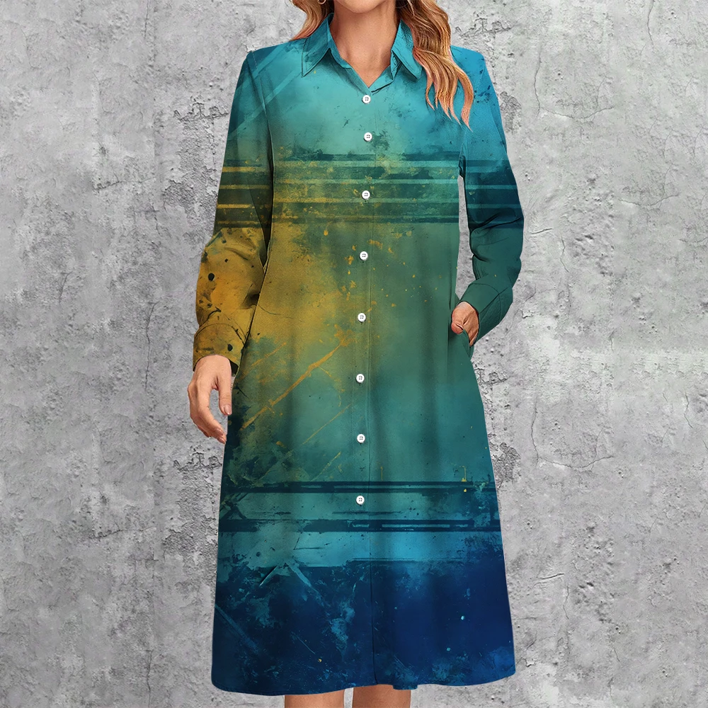 Women's Clothing Irregular Colourful Print Shirt Dress with Pockets Chic Long Sleeve Button Blouse Dress Ladies Commuter Dresses