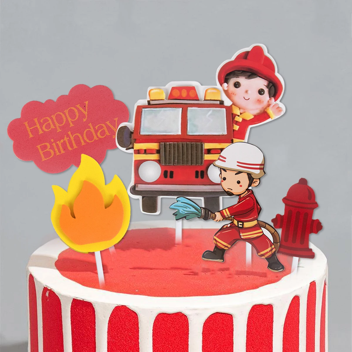 Fireman Birthday Cake Topper Fire Truck Firefighter Cake Pick for Boy 1st One Year Birthday Party Fire Hero Themed Cake Decor