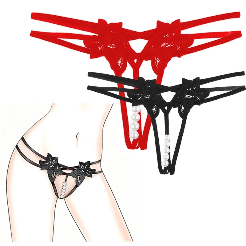 Hollow Out Erotic Lingerie For Women Embroidery Flower Pearl Temptation Briefs Sexy Lingerie Transparent Panties Sex Costumes