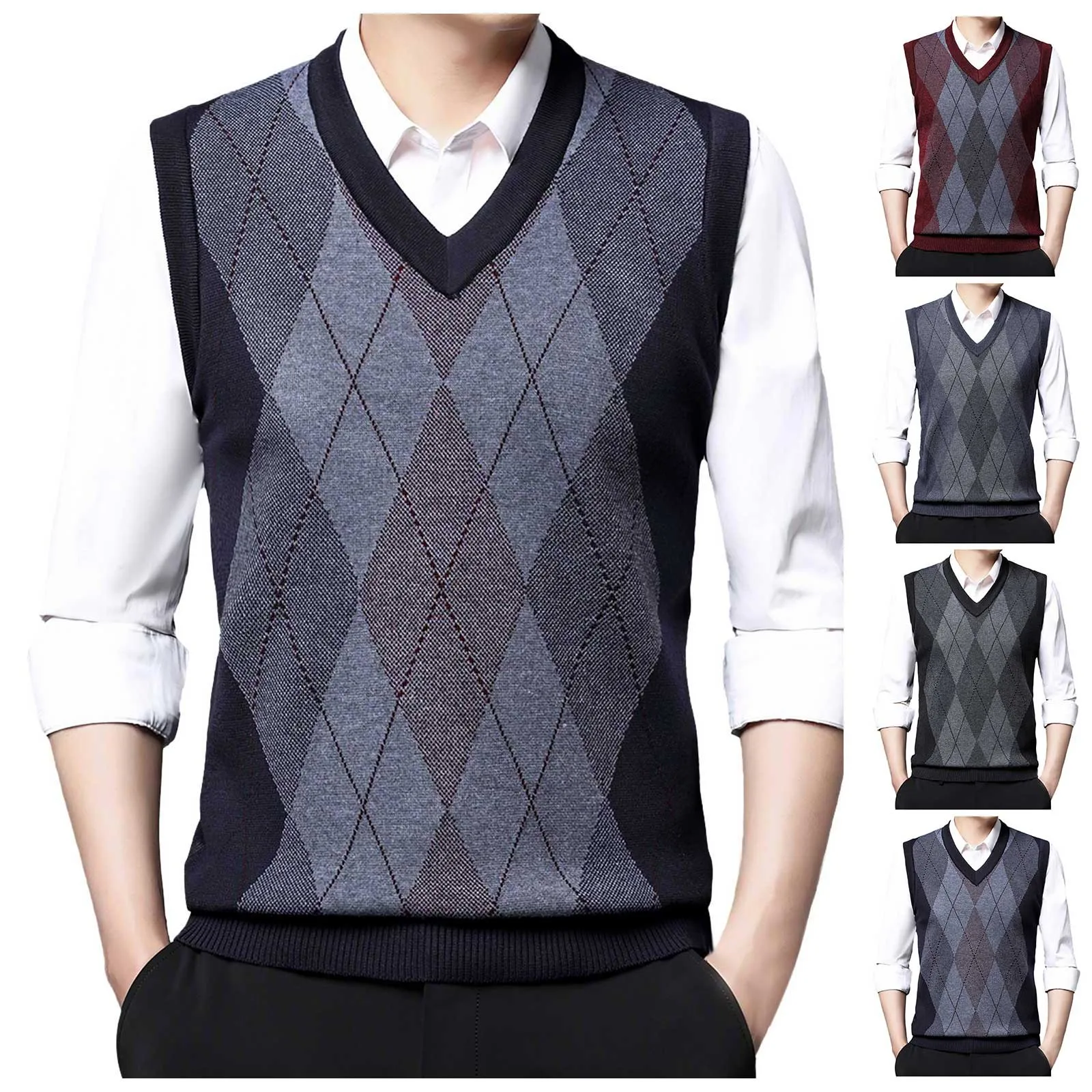 

Men's Autumn and Winter New Sleeveless Knit Sweater Youth Leisure Plaid Thick Warm Vest Vest Pullover Undershirt Clothes