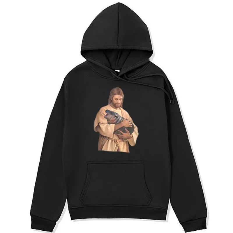 

Jesus Moo Deng Hoodie Jesus Loves Moo Deng Bouncy Cute Baby Hippo Meme Sweatshirt Men Women Oversized Streetwear Fleece Pullover