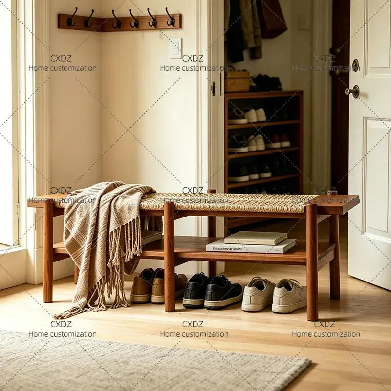 Nordic Rattan Shoe Stool Bedroom Footrest Bedside Bench Couch Footstool Home Entryway Seating