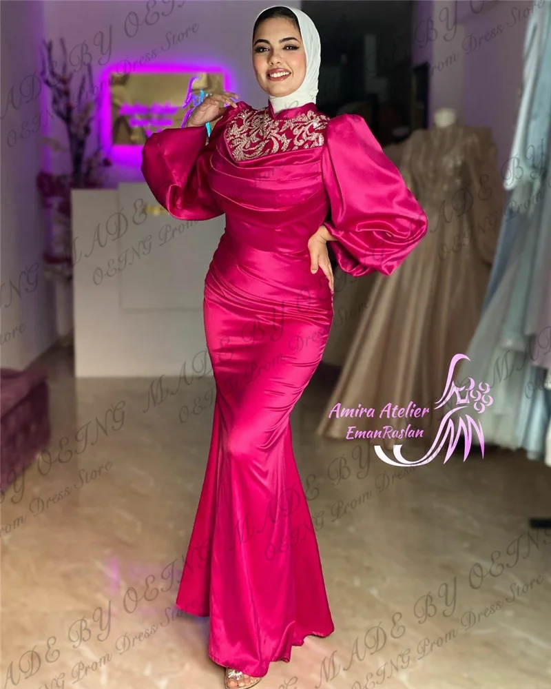 OEING Fuchsia Muslim Evening Dresses Simple Long Puff Sleeves High Neck Prom Dress Appliques Women Trumpet Formal Party Gowns