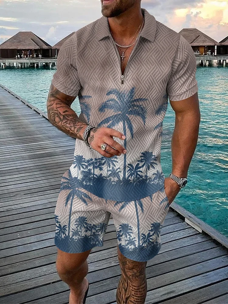 Hawaiian Coconut Tree 3D Print Men\'s Zipper Collar Tracksuit Summer Trend Polo Shirt Shorts 2pcs Sets Men\'s Streetwear Set