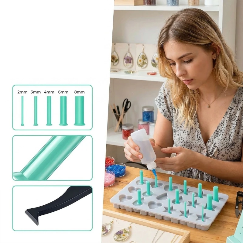 Resin Pendant Mold with Built-In Hole Posts, Silicone Jewelry Casting Tray for Epoxy UV Resin Pendant, Earring and Charm Making