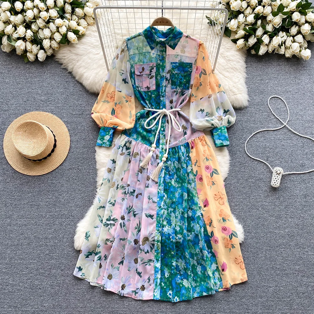 Chiffon Midi Dresses For Women 2023 Vintage Print Dress Front Button Up Pockets Lapel Collar Long Sleeve Shirt Dress With Belt