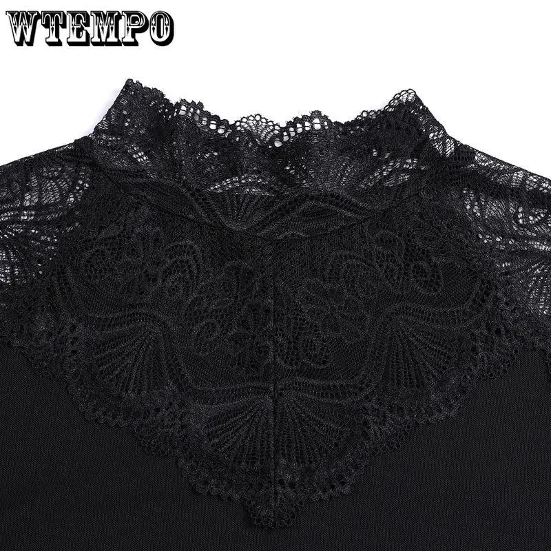 WTEMPO Velvet Lace Bottoming Shirt Turtleneck Women\'s Long Sleeve Autumn and Winter Splicing Hollow Warm T-shirt Blouses