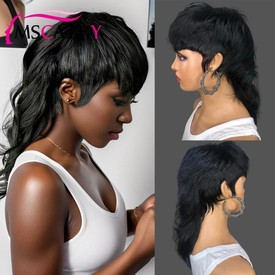 Dovetail Mullet 100% Human Hair Wig With Bangs Black Punk Design Pixie Cut Straight Brazilian Remy Hair Full Machine Made Wigs