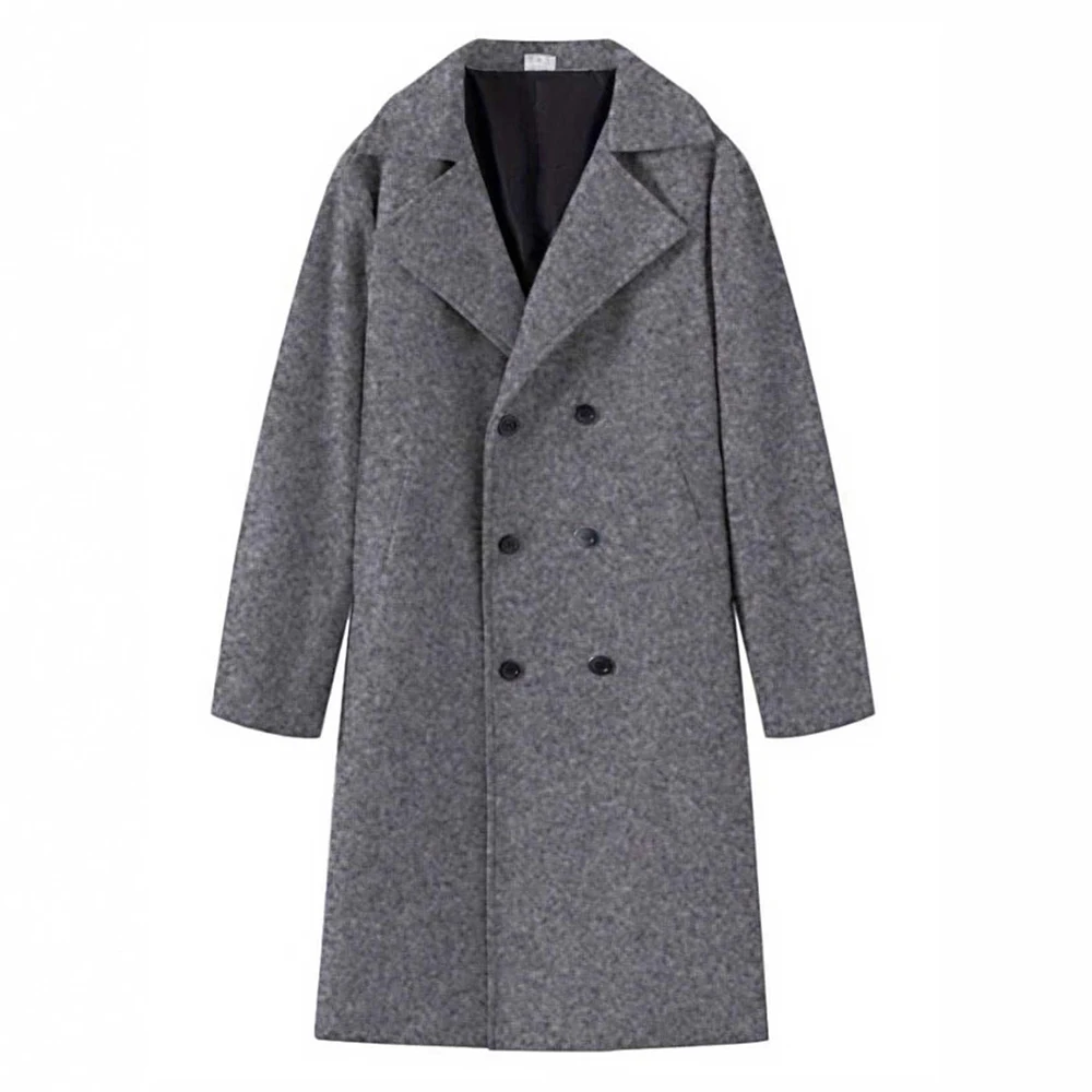 

Double-Breasted Woolen Trench Coat Men's Autumn Winter Mid-Long Length Long Sleeve Solid Color Slim Fit Casual Overcoat