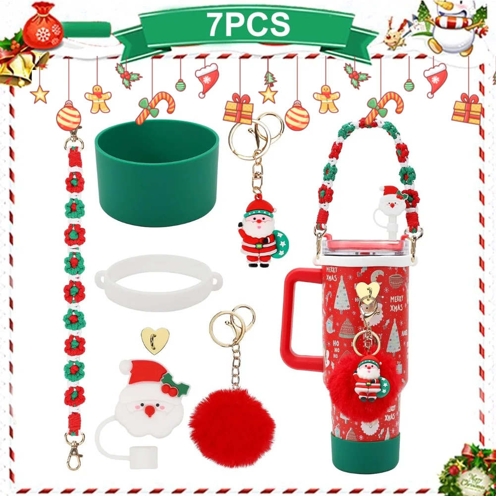 7Pcs/Set Christmas Siliocne Water Bottle Boot Straw Lid Handle Strap Keychain Mini Hook for Stanley 40oz Cup Accessories Set