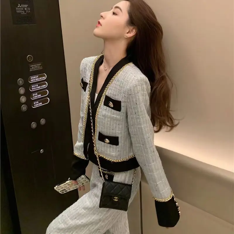Trendy Coat Wide Leg Pants Set French Spring Autumn Collection 2023 Featuring Luxurious Grey Two Piece Sets Womens Outifits