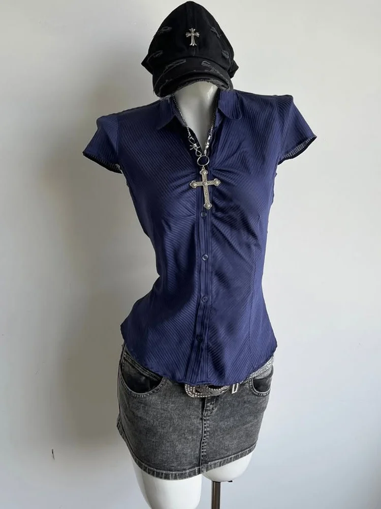 

Original Blue Summer Vintage irt Faionable Chic Lightweight Luxury Feel Cotton Blend ort Sve Button up Women's irt