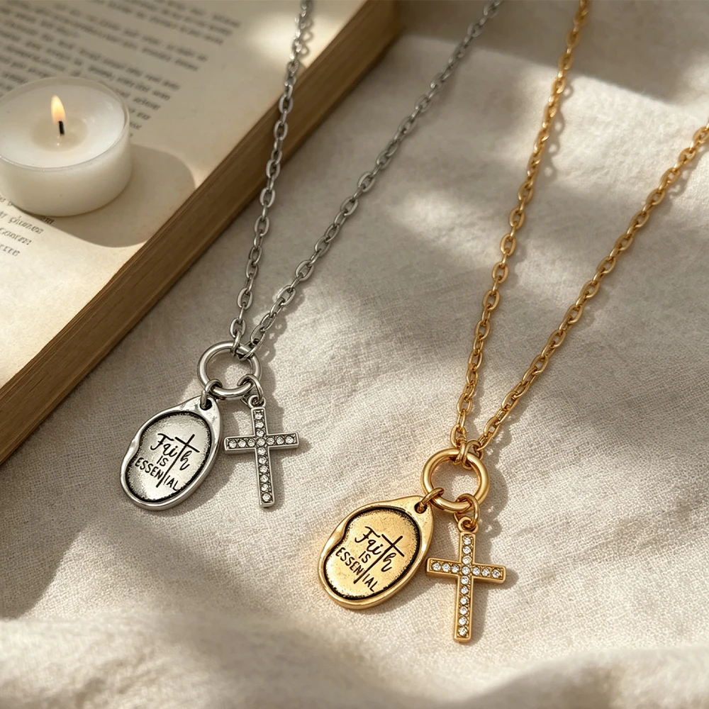 Vintage Distressed Oval Letter Tag Necklace with Diamond-Encrusted Cross, Gold and Silver Religious Style Women's Layered Clavicle Chain Accessory