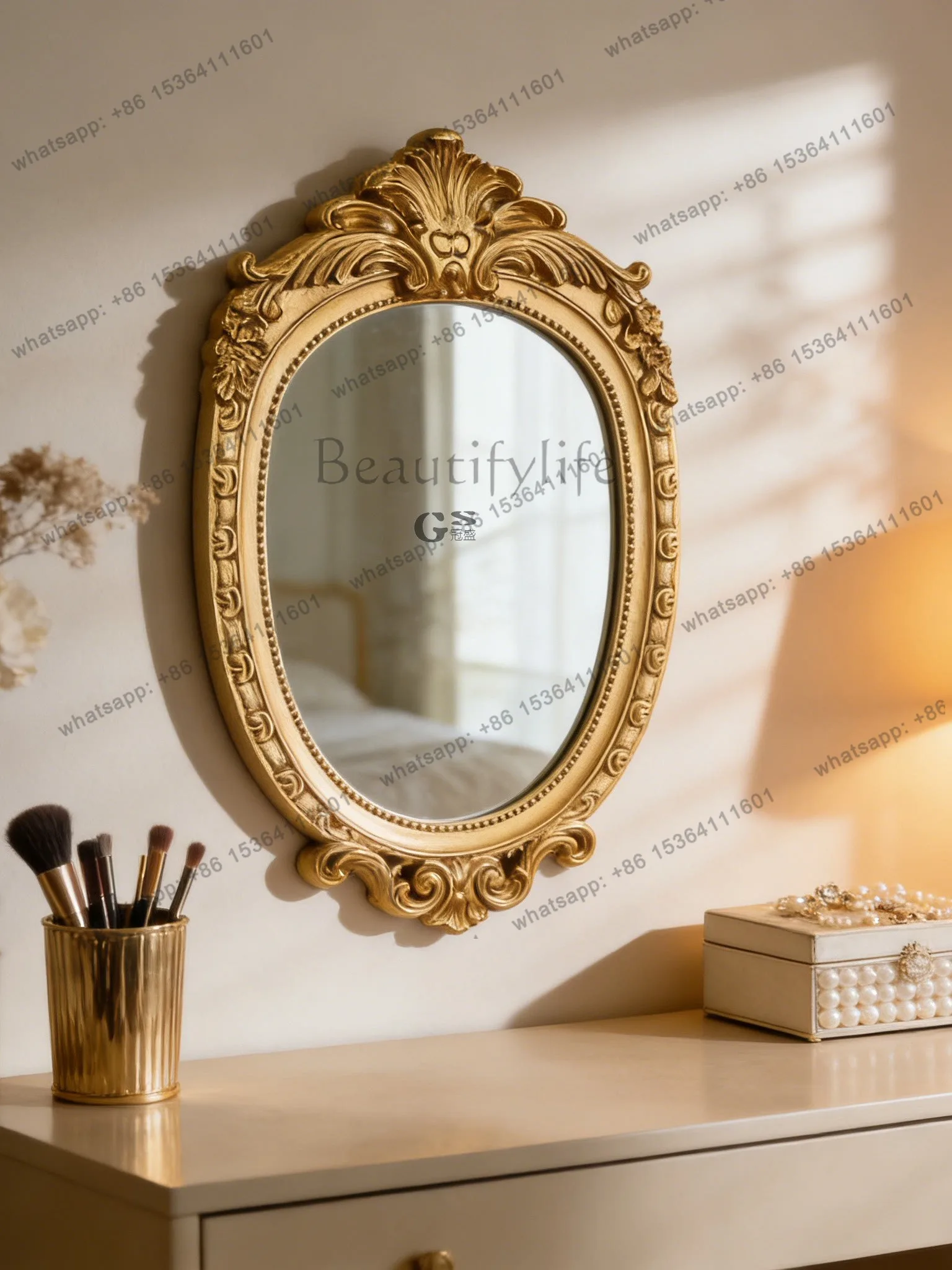 YJ French retro oval engraved makeup mirror wall-mounted retro decorative mirror American luxury special-shaped bathroom mirror