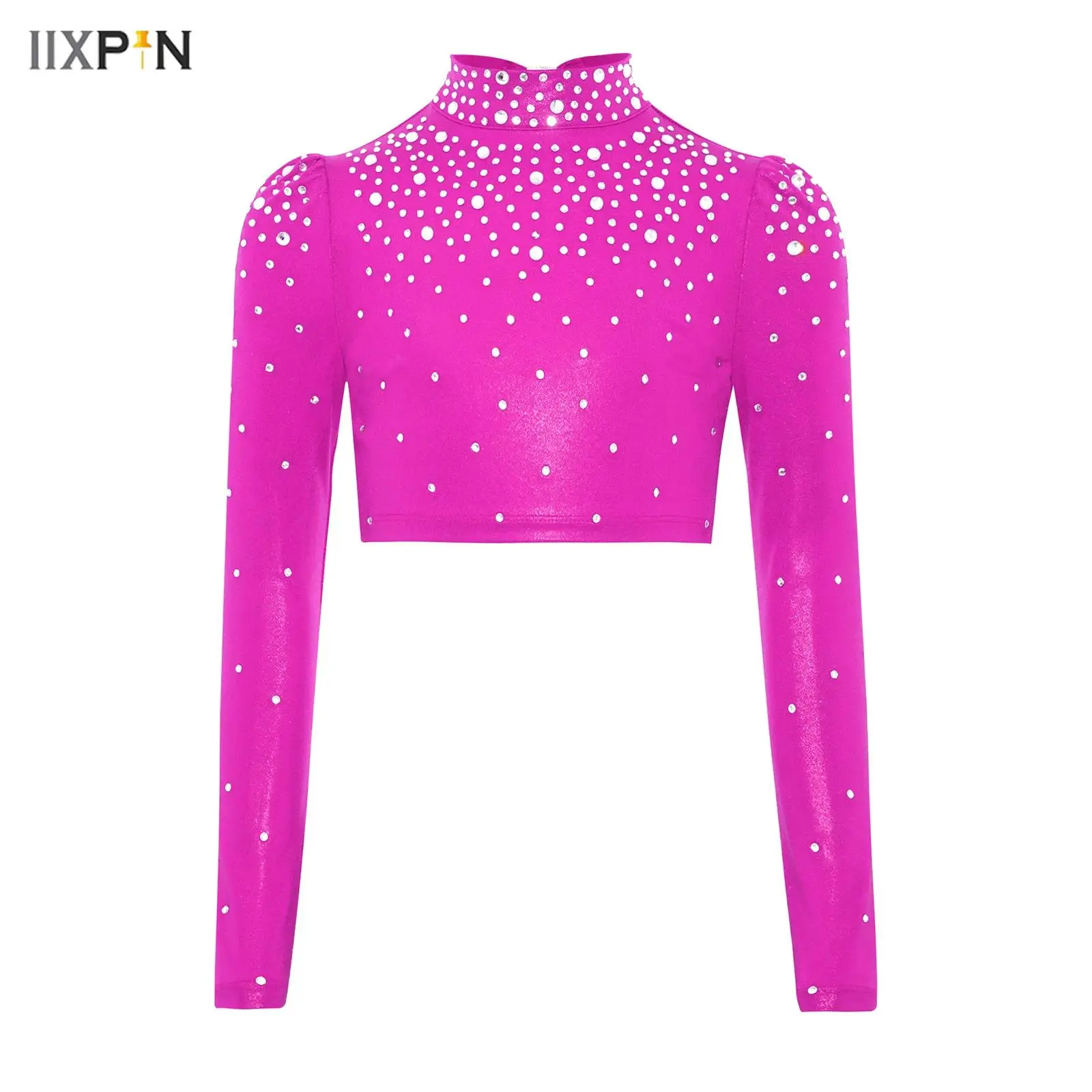 

Kids Girls Jazz Dance Top Mock Neck Long Sleeve Keyhole Back Sparkling Rhinestones Metallic Crop Top Stage Performance Costume