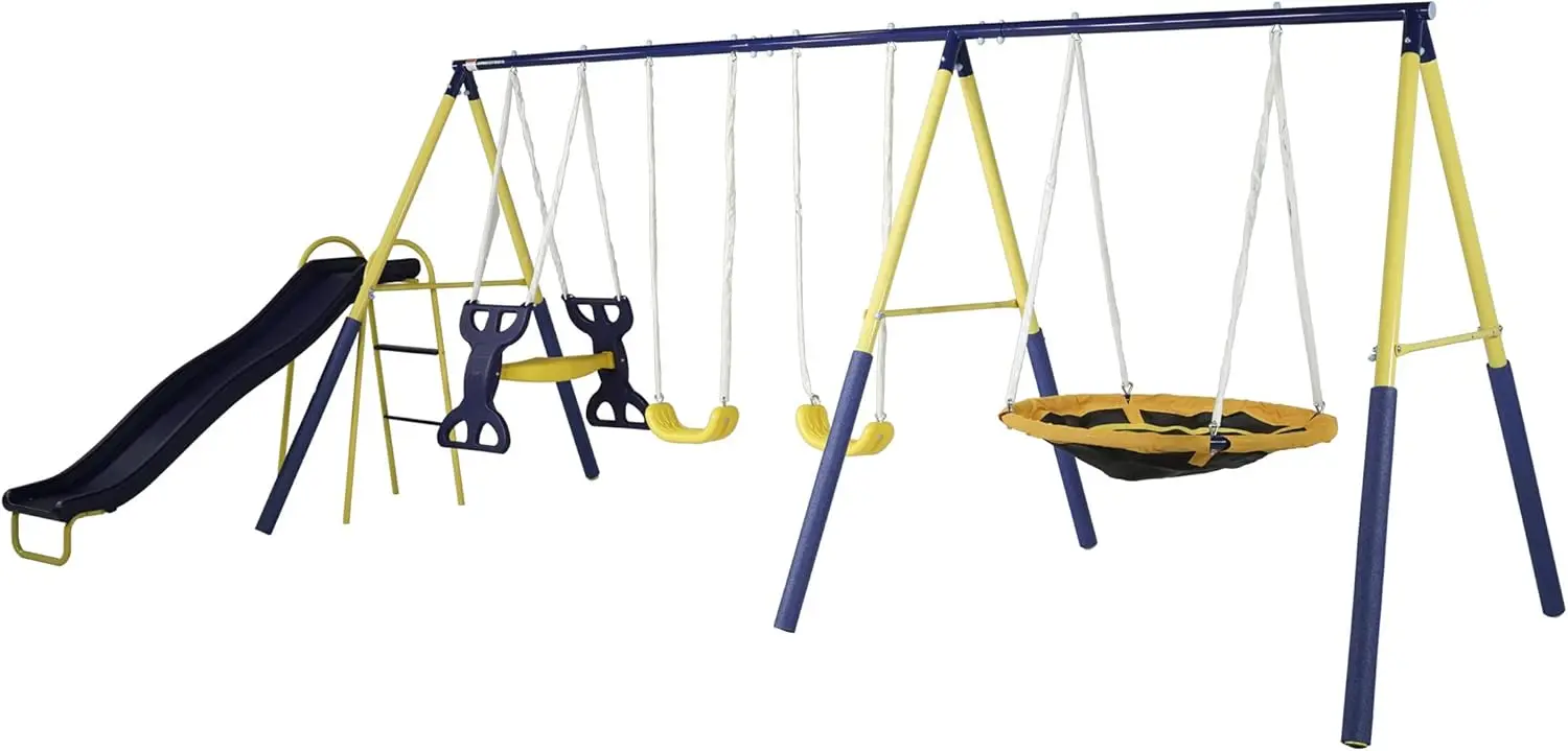 Super Star Outdoor Kids Metal Swing Set: 2 Swings, 1 Flying Saucer, 1 Glider, 1 Wavy Slide - Exceeds ASTM Standards