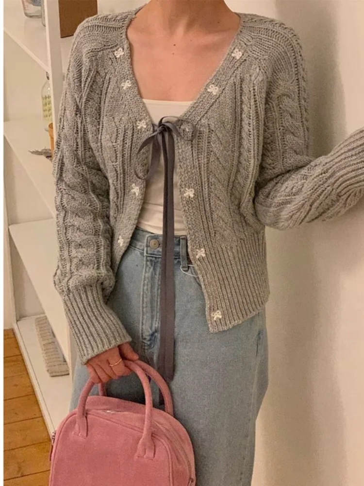 Grey Bow Tie Up Sweater Lady Autumn Winter Sweet Gentle Wind Small Knit Top Sueter Mujer Invierno 2024 Summer Cardigan