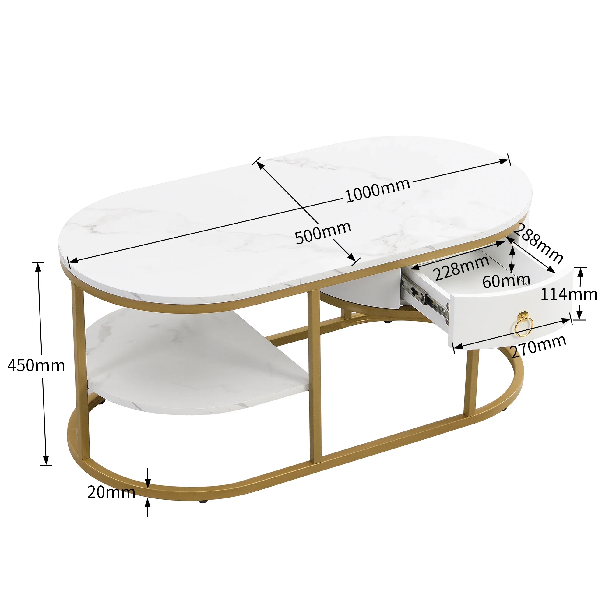 VSOGA Coffee Table, Living Room Table, Coffee Table With Marble Look And Gold Iron Frame, With Drawers And Shelves.