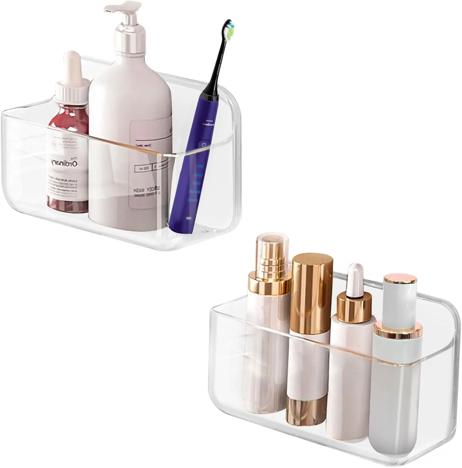 

Набор из 2 акриловых полок на клейкой основе, настенное хранение без сверления, органайзер для душа с автоматическим отводом воды для ванной комнаты