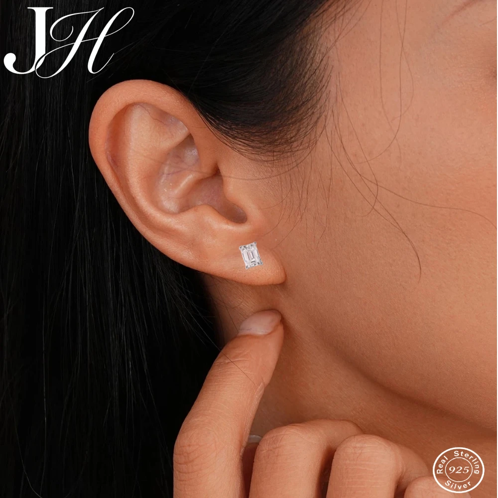 Boucles d'oreilles JH 0,5-2 carats en moissanite émeraude/radiante pour femmes et hommes, clous d'oreilles étincelants en argent sterling S925, bijoux de fête et de mariée