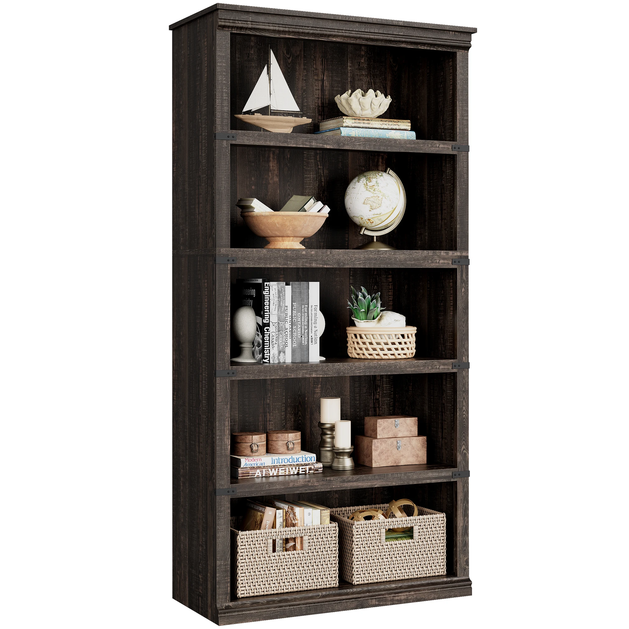 5 Tier Bookcase, Farmhouse Book Shelf with Storage Open Display Bookshelves, 67.4