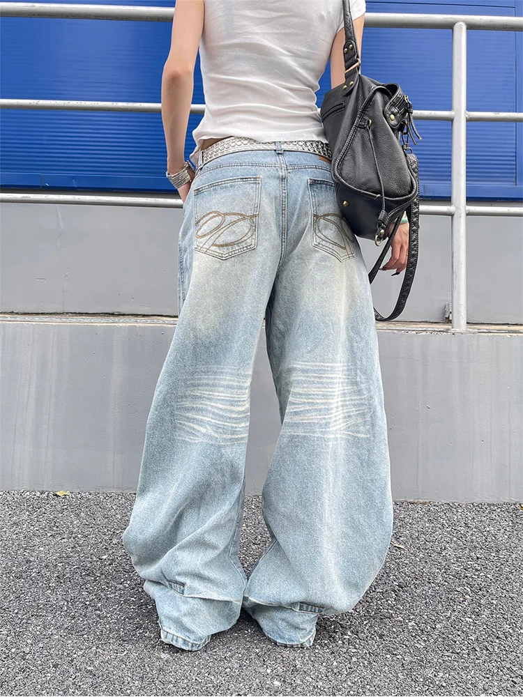 

Retro Washed Light Blue Denim Jeans Women's Summer Loose Straight Wide Leg Long Pants Big Size American Casual Style