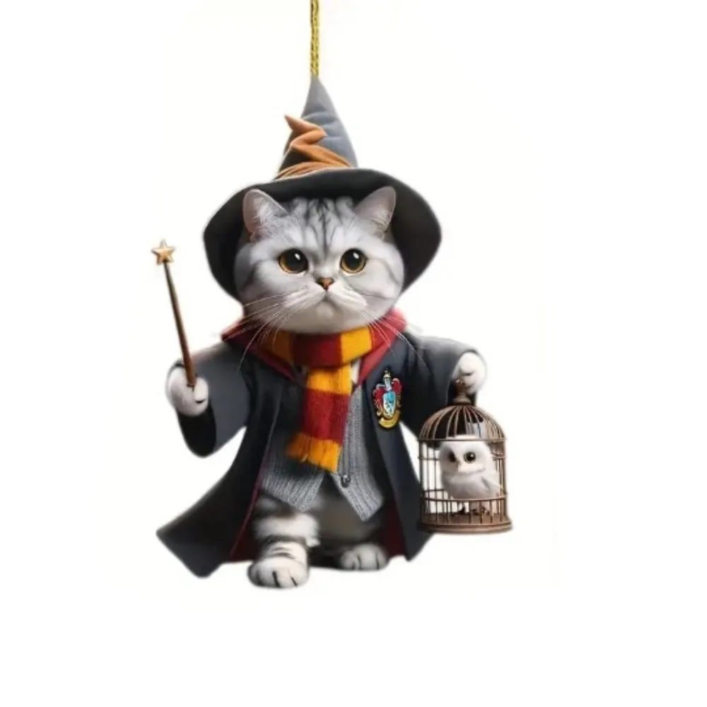 2D Cute Magic Flying Cat Car Hanging Pendant with Lanyard Acrylic Rearview Mirror Pendant Swing Pendant Keychain Decoration