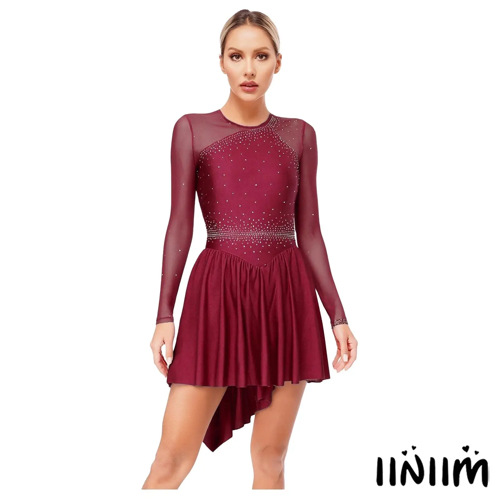 

Women Lyrical Dance Dress Modern Contemporary Dancewear Figure Skating Performance Costume Sheer Mesh Sequins Tank Leotard Dress