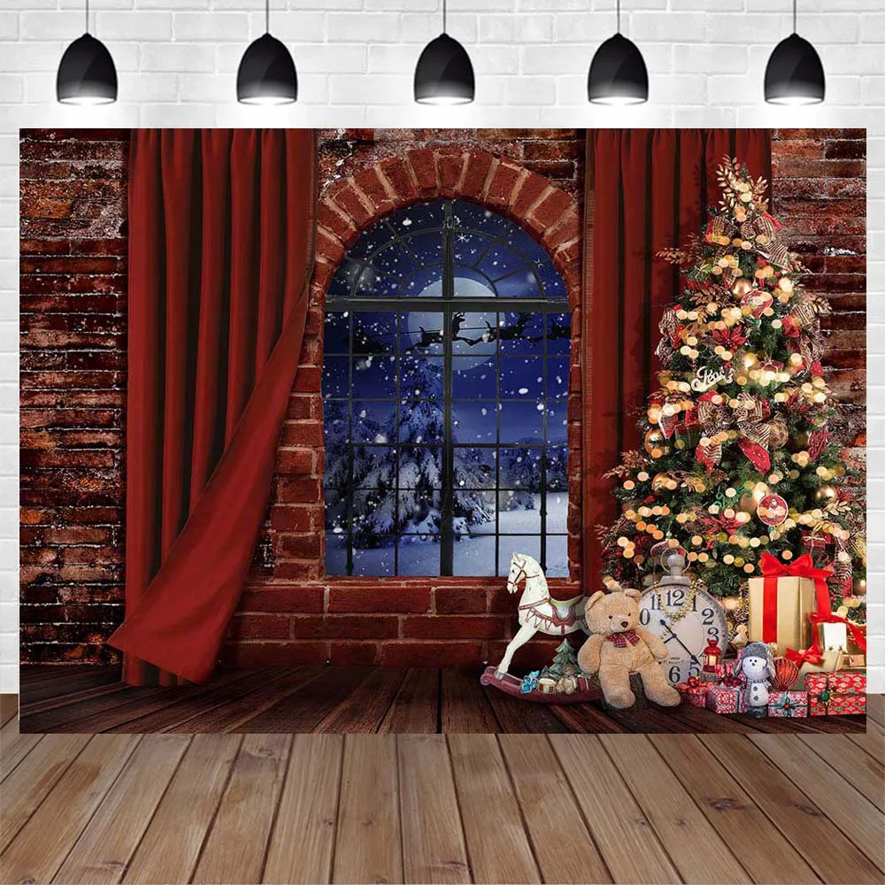 Mocsicka-Arrière-Plan de Photographie pour Portrait de Bébé et Enfant, Rideau Rouge, Arbre de Noël, Mur de Briques, Fenêtre, Neige, Plancher en Bois