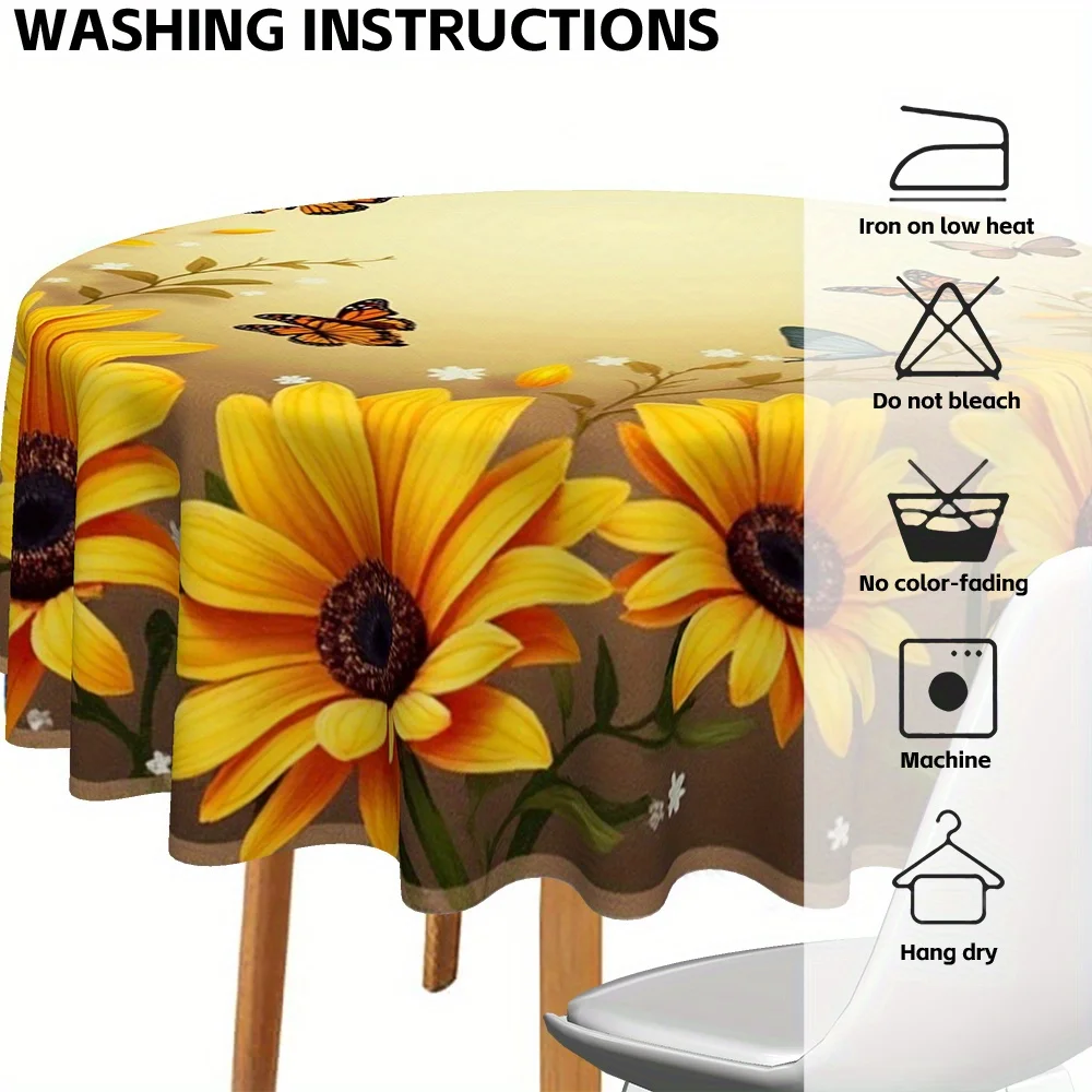 【2D】 Flat banner, 1 piece - Circular tablecloth with sunflower and butterfly patterns - Mustard yellowxzj