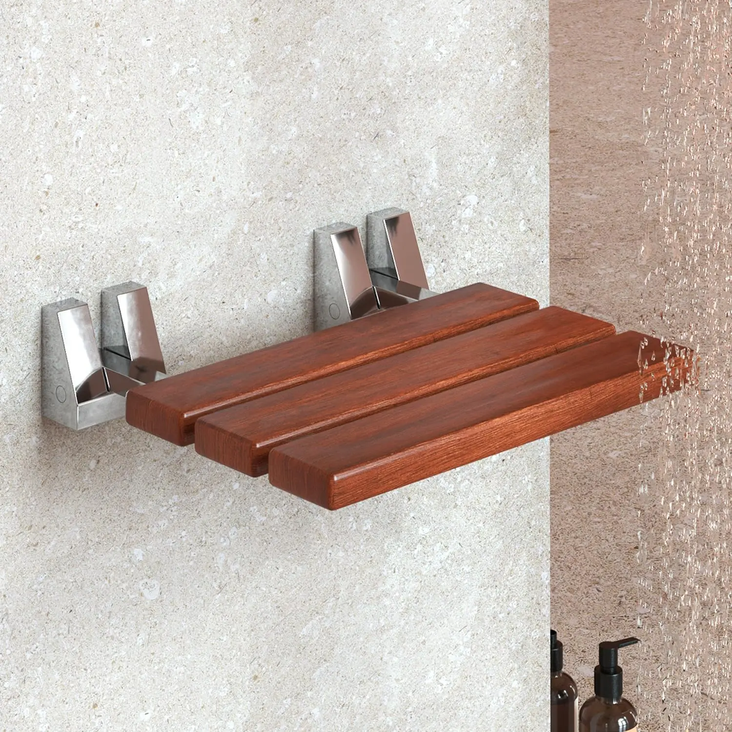 Teak Shower Seat Wall Mounted - 16 Inch Floating Fold Down in Shower Bench - Fold Up Bathroom Stool