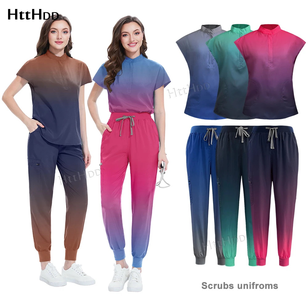 Niaahinn Scrub Hospital Medical Nurse Scrubs Top Pants Sets Unisex Women's Beauty Salon Gradient Color Scrubs Uniforms Wholesale