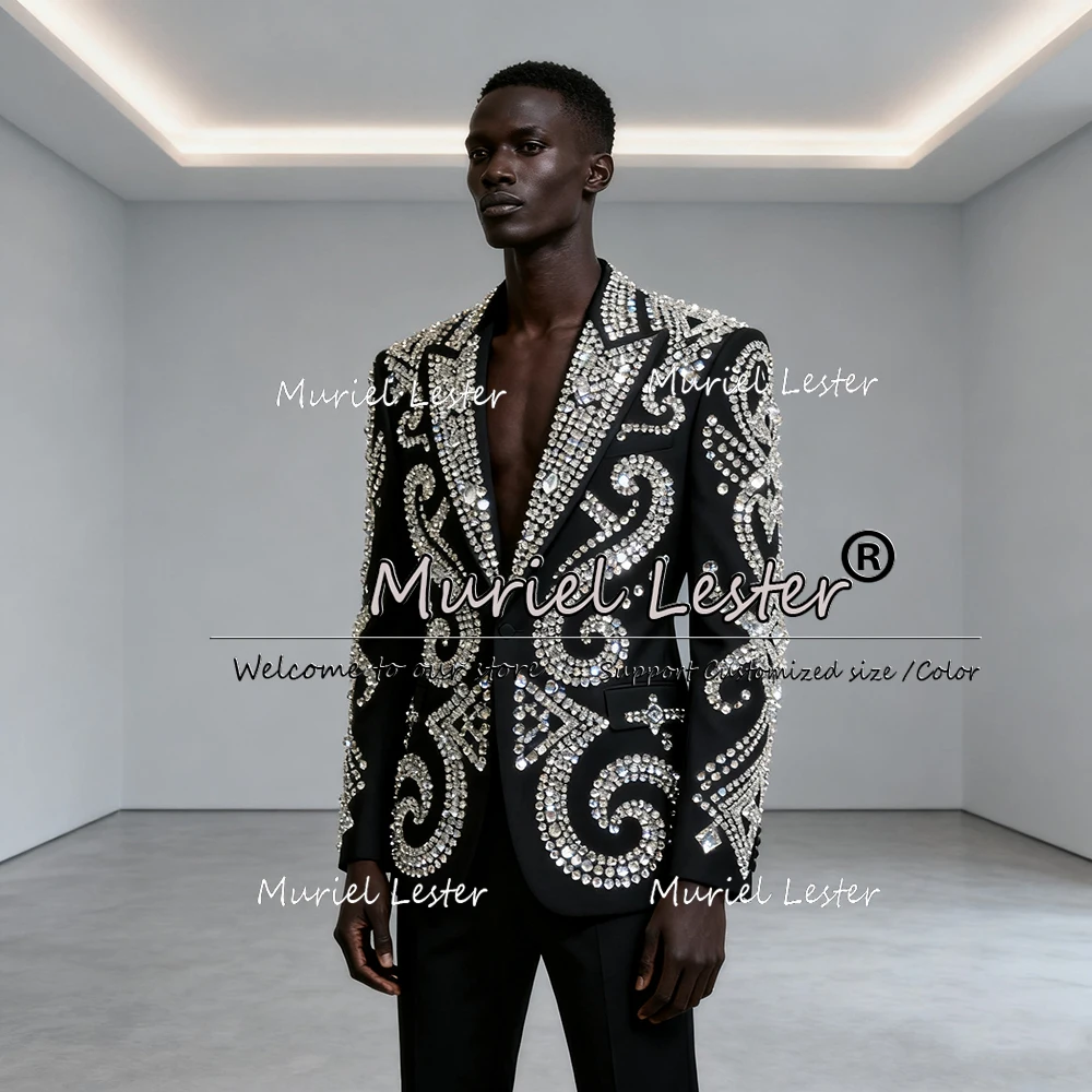 

Exquisite Diamond Stones Wedding Suits For Men 2 Pieces Sets Single Breasted Prom Blazers Customized Male Fashion Costume Homme