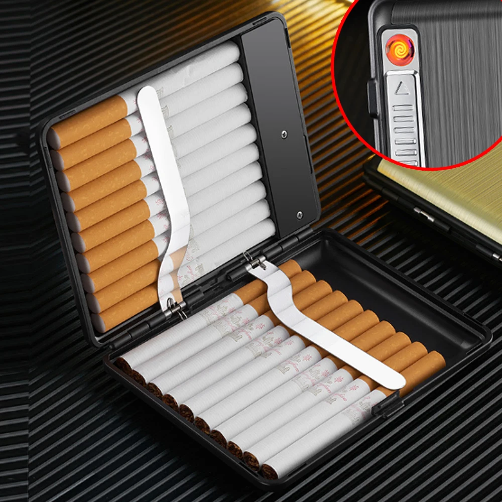 Vintage Standard Cigarette Case Dual-use Type-C Rechargeable USB Lighter Windproof Flameless Cigarette Box Smoker Gadget