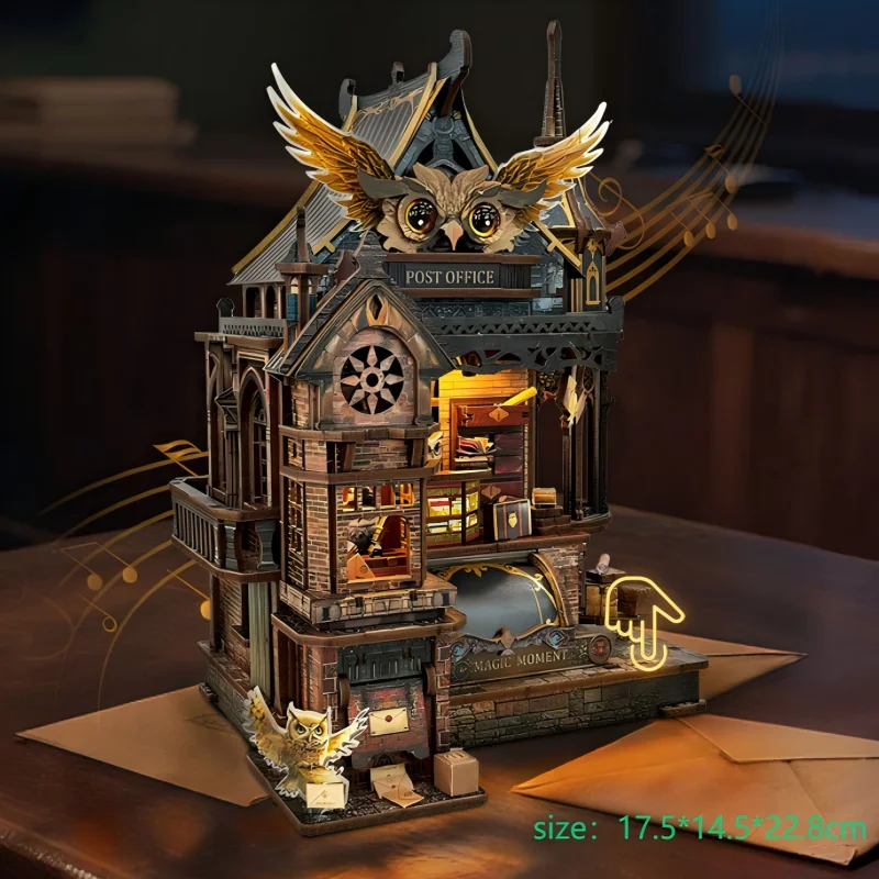 OUZEY Owl Post Office Rompecabezas de madera 3D, kit de modelo de casa en miniatura caprichoso, regalo mágico de bricolaje para adultos y adolescentes