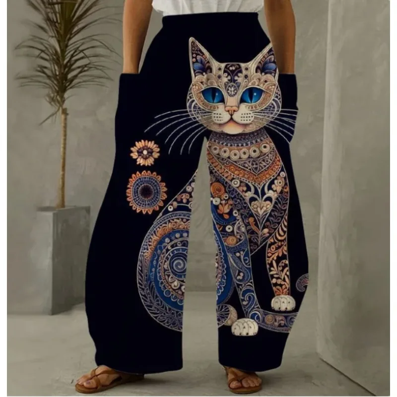 مانديلا القط نمط عارضة السراويل واسعة الساق خمر لطيف الحيوان الصيف السراويل مضحك لينة فضفاضة جيب كبير السراويل النسائية الكلاسيكية