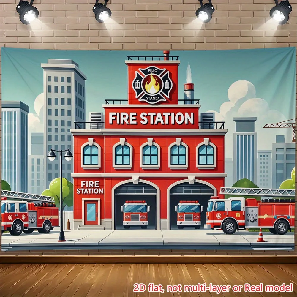 2D plane design, 1 fire station party background banner, featuring fire engines and firefighters
