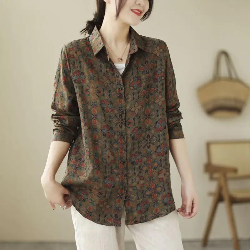 

Commuting Literary Retro Printed Shirt Women's Autumn New Cotton and Linen Versatile Slim Lapel Long-sleeved Top
