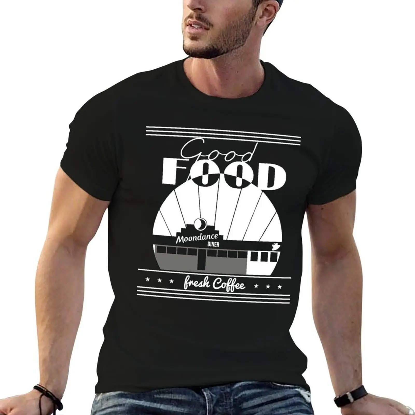 Camiseta esencial de algodón con estampado gráfico para hombre, TICK BOOM GOOD FOOD MOONDANCE DINER FRESH COFFEE GIFT