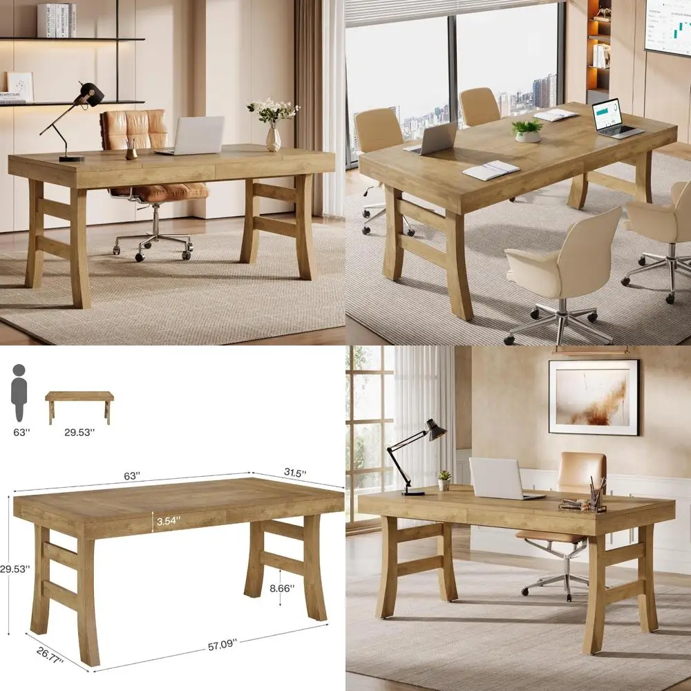 Grande mesa de computador de escritório executivo de 63 polegadas com pernas resistentes, mesa de escrita estilo fazenda para uso em negócios e estações de trabalho