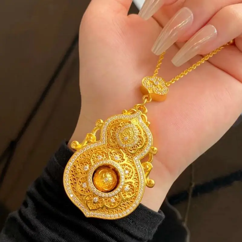 

9999 24K real gold Fulu double full rotating pendant women's antique floral silk with dot drill gourd sweater chain