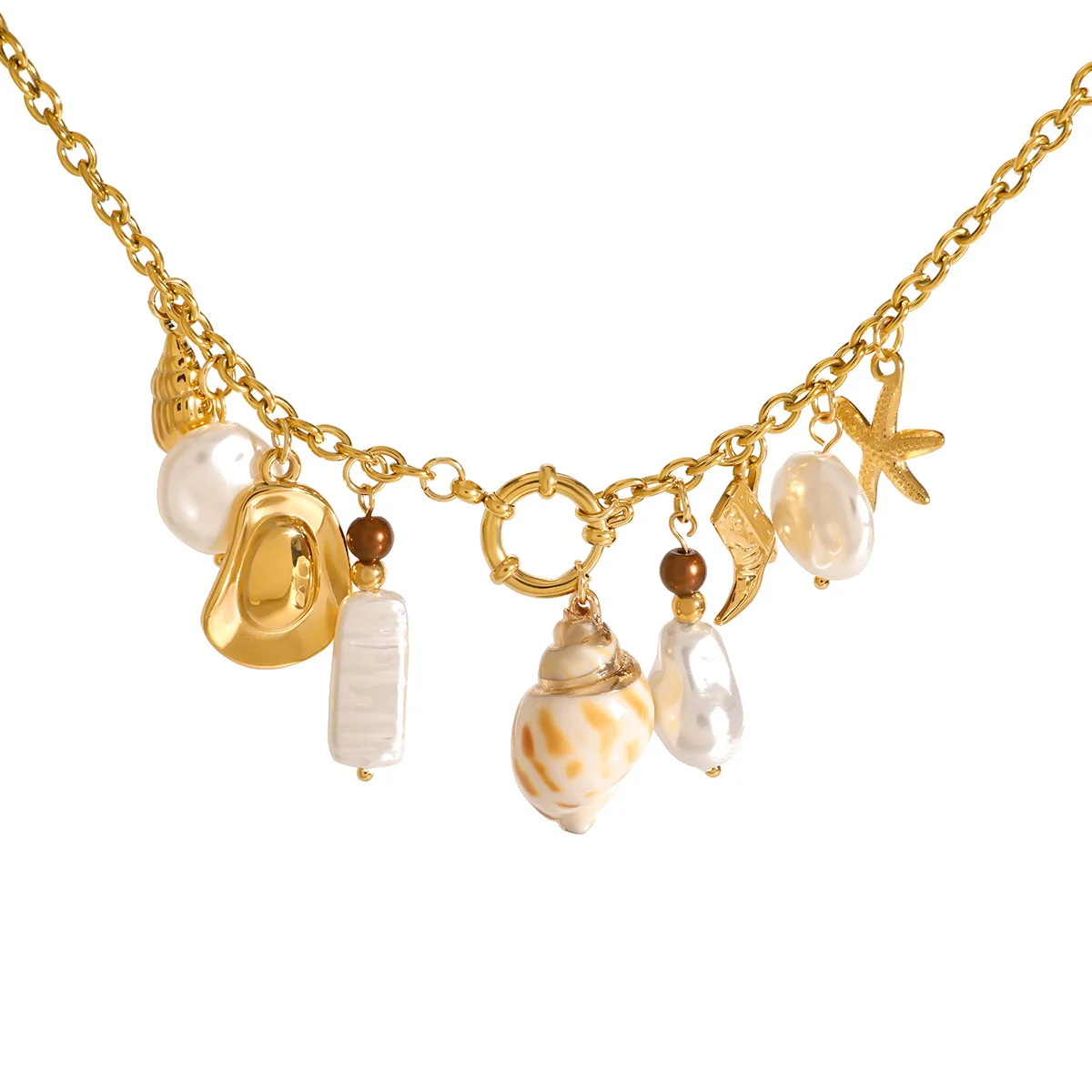 

Minar Boho Irregular Faux Pearl Natural Trumpet Shell Star High-heel Shoe Pendant Necklaces for Women 18K Gold Titanium Steel