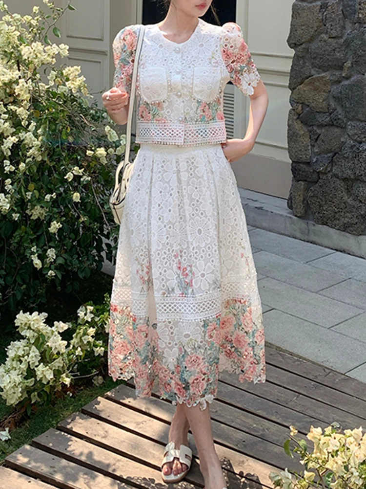 

Elegant Water-Soluble Lace Embroidered Flower Short Sleeved Top+Skirt Two-Piece Set 2026 New Fashionable Women'S Clothing