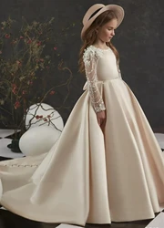 Vestido de satén de manga larga para niña, calcomanía brillante, Espalda descubierta, cinturón de lazo, boda, flor elegante, primera pieza, vestido de comunión