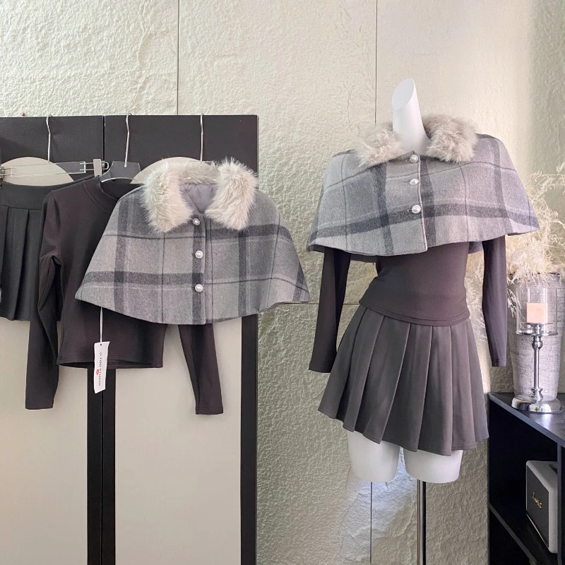 

Sweet Hot Girl Suit Women's Autumn/winter Plaid Cape Coat Long-sleeved Shirt A-line Skirt Three-piece Set Fashion Female Clothes