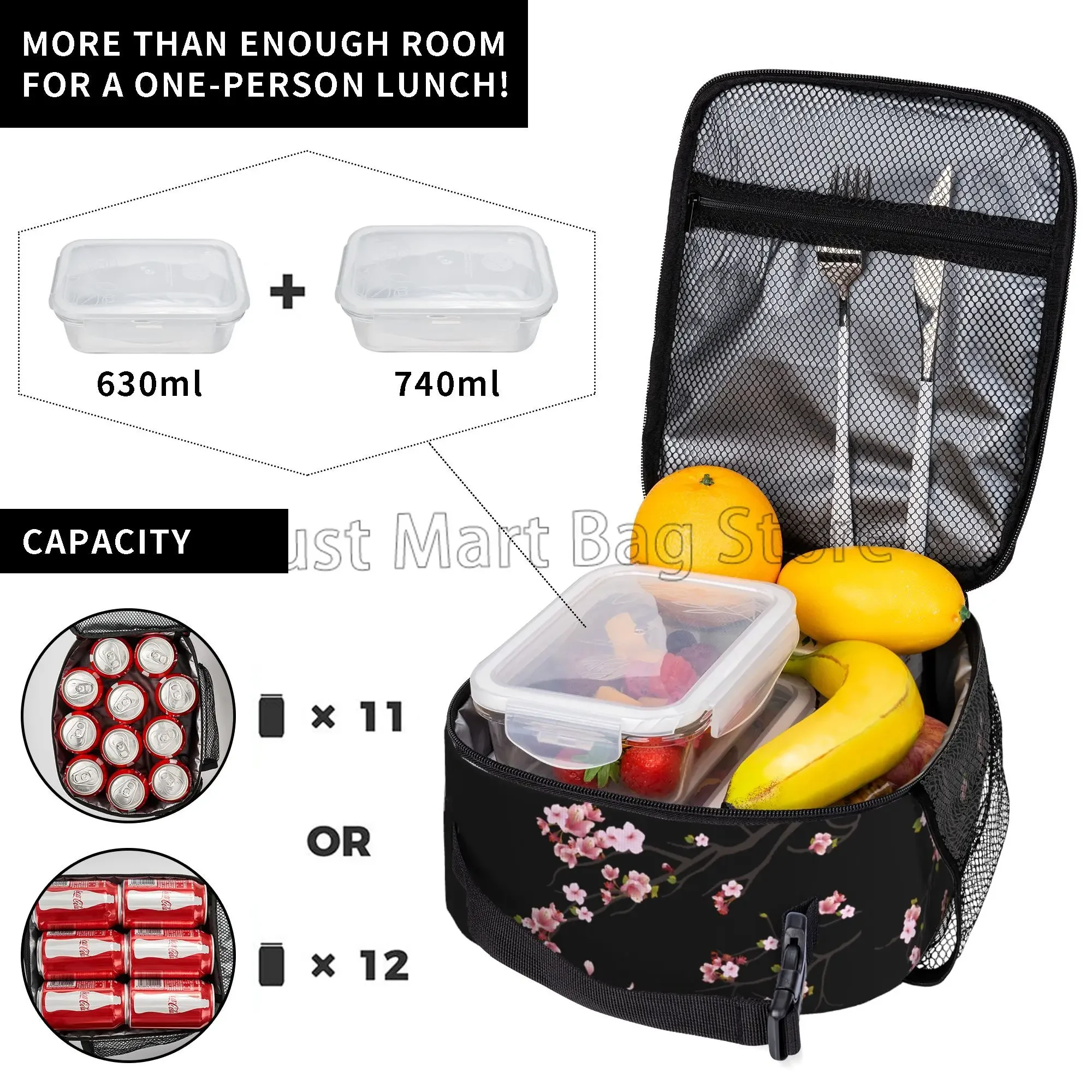 Japanese Sakura Cherry Blossoms Tree Insulated Lunch Bag Reusable Lunch Box for Work Picnic Beach Leakproof Cooler Bento Tote