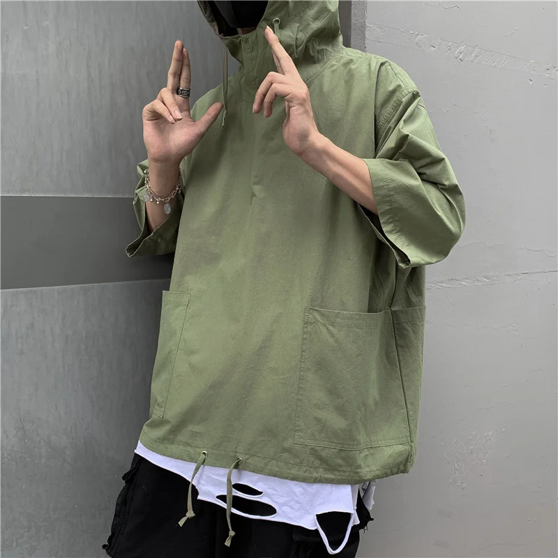 Summer Pullover Hooded Short Sleeved Hoodie T-shirt For Men Loose Fitting Dark Style 5/4 Sleeves Top Versatile Half Sleeved